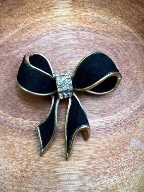 Vintage French Bow Brooch Black Velvet Rhinestone 1940s  Henry Pensée Inspired